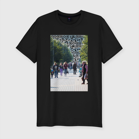 Мужская футболка хлопок Slim с принтом QR Будущее в Курске, 92% хлопок, 8% лайкра | приталенный силуэт, круглый вырез ворота, длина до линии бедра, короткий рукав | lockdown | qrкод | будущее | город | коронавирус
