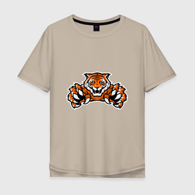 Мужская футболка хлопок Oversize с принтом Tiger   Warrior , 100% хлопок | свободный крой, круглый ворот, “спинка” длиннее передней части | 2022 | animal | cat | lion | tiger | год тигра | животные | зверь | зубы | кот | кошка | лев | охотник | полосатый | природа | тигр | тигренок | тигрица | хищник
