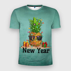 Мужская футболка 3D спортивная с принтом Праздничный ананас в Новосибирске, 100% полиэстер с улучшенными характеристиками | приталенный силуэт, круглая горловина, широкие плечи, сужается к линии бедра | Тематика изображения на принте: 2022 | ананас | арт | гирлянды | графика | новый год | фрукт