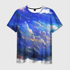 Мужская футболка 3D с принтом Высокие облака в Тюмени, 100% полиэфир | прямой крой, круглый вырез горловины, длина до линии бедер | Тематика изображения на принте: акварель | арт | гуашь | картина красками | краски | небо | облака | облако | природа | рисунок | синий