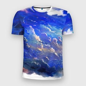 Мужская футболка 3D Slim с принтом Высокие облака в Новосибирске, 100% полиэстер с улучшенными характеристиками | приталенный силуэт, круглая горловина, широкие плечи, сужается к линии бедра | акварель | арт | гуашь | картина красками | краски | небо | облака | облако | природа | рисунок | синий