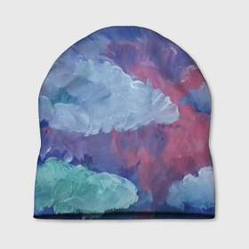 Шапка 3D с принтом Гуашевые облака в Петрозаводске, 100% полиэстер | универсальный размер, печать по всей поверхности изделия | Тематика изображения на принте: акварель | арт | гуашь | краски | мазки | мазки красок | облака | облако | природа | природа красками | рисунок | рисунок акварелью | рисунок красками