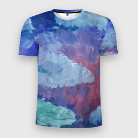 Мужская футболка 3D Slim с принтом Гуашевые облака в Петрозаводске, 100% полиэстер с улучшенными характеристиками | приталенный силуэт, круглая горловина, широкие плечи, сужается к линии бедра | акварель | арт | гуашь | краски | мазки | мазки красок | облака | облако | природа | природа красками | рисунок | рисунок акварелью | рисунок красками