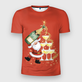 Мужская футболка 3D спортивная с принтом Дед Мороз и шампанское в Санкт-Петербурге, 100% полиэстер с улучшенными характеристиками | приталенный силуэт, круглая горловина, широкие плечи, сужается к линии бедра | 2022 | год тигра | дед мороз | новогоднее шампанское | новый год | подарок на новый год | праздник
