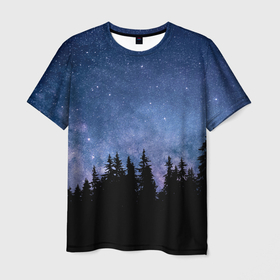 Мужская футболка 3D с принтом НОЧНОЙ ЛЕС И ЗВЕЗДЫ , 100% полиэфир | прямой крой, круглый вырез горловины, длина до линии бедер | dark | forest | night | sky | star | деревья | звезды | космос | лес | небо | ночь | пейзаж | природа | свет