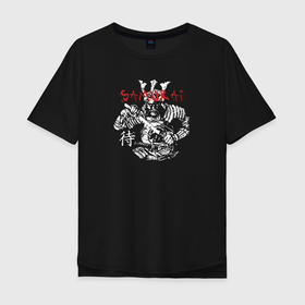 Мужская футболка хлопок Oversize с принтом Japanesse warrior в Белгороде, 100% хлопок | свободный крой, круглый ворот, “спинка” длиннее передней части | Тематика изображения на принте: samurai | войн | иероглифы | катана | ниндзя | рыцарь | самурай | солдат | япония