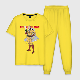 Мужская пижама хлопок с принтом Сайтама в ободранном костюме One Punch Man в Белгороде, 100% хлопок | брюки и футболка прямого кроя, без карманов, на брюках мягкая резинка на поясе и по низу штанин
 | hagemanto | one punch man | one punchman | onepunchman | saitama | sensei | аниме | ван панч мен | ванпанчмен | лысый плащ | манга | сайтама | сильнейший человек | учитель | человек одинудар | человек одного удара