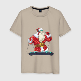 Мужская футболка хлопок с принтом Санта музыкант в Белгороде, 100% хлопок | прямой крой, круглый вырез горловины, длина до линии бедер, слегка спущенное плечо. | арт | диджей | иллюстрация | микрофон | музыка | музыкант | санта