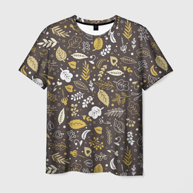 Мужская футболка 3D с принтом Осенние листья и ягодки в Курске, 100% полиэфир | прямой крой, круглый вырез горловины, длина до линии бедер | бежевый | желтый | коричневый | листья | осень | ягоды