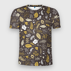 Мужская футболка 3D Slim с принтом Осенние листья и ягодки в Белгороде, 100% полиэстер с улучшенными характеристиками | приталенный силуэт, круглая горловина, широкие плечи, сужается к линии бедра | бежевый | желтый | коричневый | листья | осень | ягоды