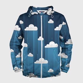 Мужская ветровка 3D с принтом Облака в очереди в Екатеринбурге, 100% полиэстер | подол и капюшон оформлены резинкой с фиксаторами, два кармана без застежек по бокам, один потайной карман на груди | арт | небо | облака | облако | природа | рисунок | синий