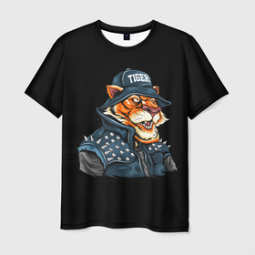 Мужская футболка 3D с принтом Тигр рокер , 100% полиэфир | прямой крой, круглый вырез горловины, длина до линии бедер | арт | графика | животные | звери | тигр