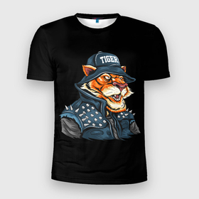Мужская футболка 3D Slim с принтом Тигр рокер в Тюмени, 100% полиэстер с улучшенными характеристиками | приталенный силуэт, круглая горловина, широкие плечи, сужается к линии бедра | арт | графика | животные | звери | тигр