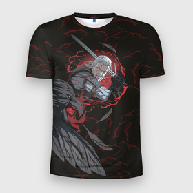 Мужская футболка 3D Slim с принтом Кровь дракона и смелый Ведьмак в Екатеринбурге, 100% полиэстер с улучшенными характеристиками | приталенный силуэт, круглая горловина, широкие плечи, сужается к линии бедра | Тематика изображения на принте: ведьмак | кровь дракона | лорд карлайл