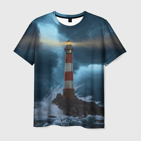 Мужская футболка 3D с принтом НОЧНОЙ МАЯК в Санкт-Петербурге, 100% полиэфир | прямой крой, круглый вырез горловины, длина до линии бедер | Тематика изображения на принте: light | night | ocean | sea | буря | волны | маяк | море | ночь | океан | пейзаж | природа | свет | стихия
