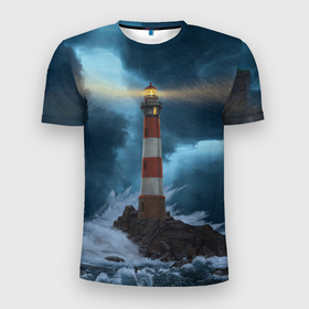 Мужская футболка 3D Slim с принтом НОЧНОЙ МАЯК в Тюмени, 100% полиэстер с улучшенными характеристиками | приталенный силуэт, круглая горловина, широкие плечи, сужается к линии бедра | Тематика изображения на принте: light | night | ocean | sea | буря | волны | маяк | море | ночь | океан | пейзаж | природа | свет | стихия