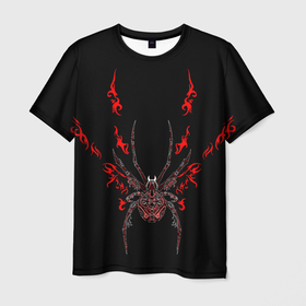 Мужская футболка 3D с принтом Красно белый паук в Санкт-Петербурге, 100% полиэфир | прямой крой, круглый вырез горловины, длина до линии бедер | Тематика изображения на принте: белый паук | красная паутина | красные узоры | красный паук | паук | паутина | узоры