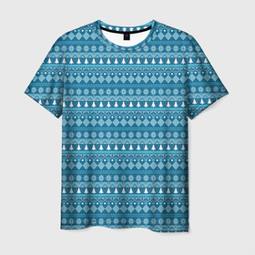 Мужская футболка 3D с принтом Новогодний узор сине белого цвета в Тюмени, 100% полиэфир | прямой крой, круглый вырез горловины, длина до линии бедер | 2022 | gift | ёлка | новый год | подарки | подарок | снежинка | узор