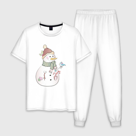 Мужская пижама хлопок с принтом Снеговик с птичкой в Тюмени, 100% хлопок | брюки и футболка прямого кроя, без карманов, на брюках мягкая резинка на поясе и по низу штанин
 | новый год | птичка | рождество | снег | снеговик