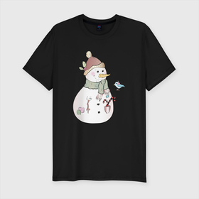 Мужская футболка хлопок Slim с принтом Снеговик с птичкой в Екатеринбурге, 92% хлопок, 8% лайкра | приталенный силуэт, круглый вырез ворота, длина до линии бедра, короткий рукав | новый год | птичка | рождество | снег | снеговик