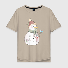 Мужская футболка хлопок Oversize с принтом Снеговик с птичкой в Екатеринбурге, 100% хлопок | свободный крой, круглый ворот, “спинка” длиннее передней части | новый год | птичка | рождество | снег | снеговик