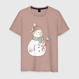 Мужская футболка хлопок с принтом Снеговик с птичкой в Екатеринбурге, 100% хлопок | прямой крой, круглый вырез горловины, длина до линии бедер, слегка спущенное плечо. | новый год | птичка | рождество | снег | снеговик