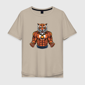 Мужская футболка хлопок Oversize с принтом Тигр   качок в Кировске, 100% хлопок | свободный крой, круглый ворот, “спинка” длиннее передней части | 2022 | год тигра | новый год | новый год 2022 | символ года | тигр | тигренок | тигрица | тигры