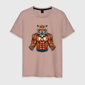 Мужская футболка хлопок с принтом Тигр   качок в Курске, 100% хлопок | прямой крой, круглый вырез горловины, длина до линии бедер, слегка спущенное плечо. | 2022 | год тигра | новый год | новый год 2022 | символ года | тигр | тигренок | тигрица | тигры