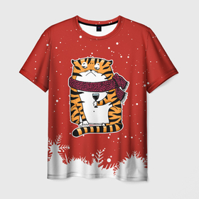 Мужская футболка 3D с принтом грустный тигр с бокалом вина в Санкт-Петербурге, 100% полиэфир | прямой крой, круглый вырез горловины, длина до линии бедер | 2022 | год тигра | новый год | новый год 2022 | символ года | тигр | тигренок | тигрица | тигры