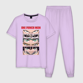 Мужская пижама хлопок с принтом Взгляды главных героев One Punch Man в Тюмени, 100% хлопок | брюки и футболка прямого кроя, без карманов, на брюках мягкая резинка на поясе и по низу штанин
 | Тематика изображения на принте: genos | genoсide | hagemanto | jenosu | one punch man | one punchman | onepunchman | saitama | sensei | ta | аниме | ван панч мен | ванпанчмен | генос | кибердемон | кибернетическое тело | лысый плащ | манга | сайтама | сильнейший человек