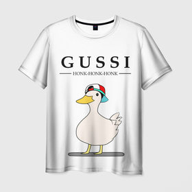 Мужская футболка 3D с принтом GUSSI | HONK BABY в Петрозаводске, 100% полиэфир | прямой крой, круглый вырез горловины, длина до линии бедер | Тематика изображения на принте: guse | gussi | белый | гусь | мем