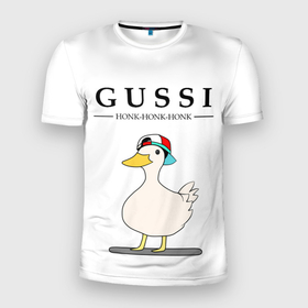 Мужская футболка 3D Slim с принтом GUSSI | HONK BABY в Петрозаводске, 100% полиэстер с улучшенными характеристиками | приталенный силуэт, круглая горловина, широкие плечи, сужается к линии бедра | guse | gussi | белый | гусь | мем