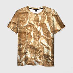 Мужская футболка 3D с принтом Мятая Фольга в Новосибирске, 100% полиэфир | прямой крой, круглый вырез горловины, длина до линии бедер | Тематика изображения на принте: золотая фольга | золотой фон | мятая фольга | принт | фольга