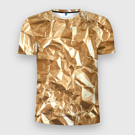 Мужская футболка 3D Slim с принтом Мятая Фольга в Петрозаводске, 100% полиэстер с улучшенными характеристиками | приталенный силуэт, круглая горловина, широкие плечи, сужается к линии бедра | золотая фольга | золотой фон | мятая фольга | принт | фольга