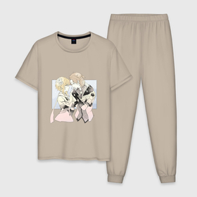 Мужская пижама хлопок с принтом Люмин и Альбедо в Тюмени, 100% хлопок | брюки и футболка прямого кроя, без карманов, на брюках мягкая резинка на поясе и по низу штанин
 | алхимик | алхимия | альбедо | арт | блондин | блондинка | два блондина | люмин | пара | рисунок | цветок | цветы