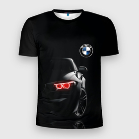 Мужская футболка 3D Slim с принтом BMW МИНИМЛ в Курске, 100% полиэстер с улучшенными характеристиками | приталенный силуэт, круглая горловина, широкие плечи, сужается к линии бедра | автомобиль | бмв | логотип | марка | машина | неон