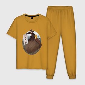 Мужская пижама хлопок с принтом Большой жёлудь в Новосибирске, 100% хлопок | брюки и футболка прямого кроя, без карманов, на брюках мягкая резинка на поясе и по низу штанин
 | арт | дикие животные | дикие звери | дикий орех | жёлудь | животное | животные | кот | лес | лесной орех | орех | осень | природа | рисунок | чёрный кот