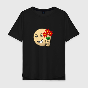 Мужская футболка хлопок Oversize с принтом Стикер с цветами в Новосибирске, 100% хлопок | свободный крой, круглый ворот, “спинка” длиннее передней части | Тематика изображения на принте: memes | карты | мем | смайлик | стикер | тильт | цветы | юмор