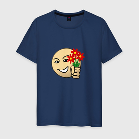 Мужская футболка хлопок с принтом Стикер с цветами в Екатеринбурге, 100% хлопок | прямой крой, круглый вырез горловины, длина до линии бедер, слегка спущенное плечо. | memes | карты | мем | смайлик | стикер | тильт | цветы | юмор