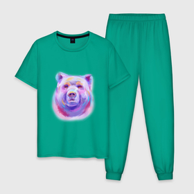 Мужская пижама хлопок с принтом Неоновый медведь в Санкт-Петербурге, 100% хлопок | брюки и футболка прямого кроя, без карманов, на брюках мягкая резинка на поясе и по низу штанин
 | Тематика изображения на принте: арт | градиент | иллюстрация | косолапый | медвежонок | мишка
