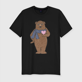 Мужская футболка хлопок Slim с принтом Медвежий романтик , 92% хлопок, 8% лайкра | приталенный силуэт, круглый вырез ворота, длина до линии бедра, короткий рукав | дикий | зверь | иллюстрация | медвежонок | мишка | романтик | сердце
