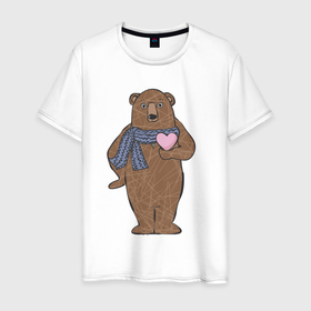 Мужская футболка хлопок с принтом Медвежий романтик в Новосибирске, 100% хлопок | прямой крой, круглый вырез горловины, длина до линии бедер, слегка спущенное плечо. | дикий | зверь | иллюстрация | медвежонок | мишка | романтик | сердце