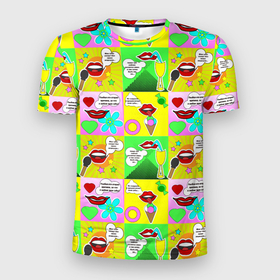Мужская футболка 3D Slim с принтом Поэзия губ в Екатеринбурге, 100% полиэстер с улучшенными характеристиками | приталенный силуэт, круглая горловина, широкие плечи, сужается к линии бедра | Тематика изображения на принте: губы | еда | любовь | улыбка | цитата