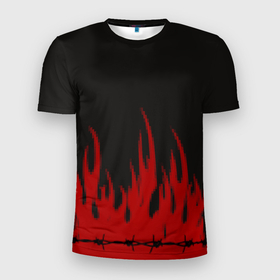 Мужская футболка 3D Slim с принтом Pixel Fire в Кировске, 100% полиэстер с улучшенными характеристиками | приталенный силуэт, круглая горловина, широкие плечи, сужается к линии бедра | fire | flame | колючая проволока | огонь | пламя | цепь
