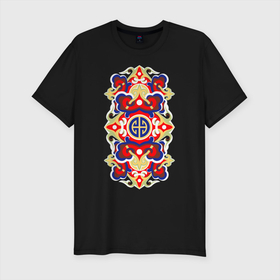 Мужская футболка хлопок Slim с принтом монгольский орнамент в Санкт-Петербурге, 92% хлопок, 8% лайкра | приталенный силуэт, круглый вырез ворота, длина до линии бедра, короткий рукав | Тематика изображения на принте: красный | монгольский | орнамент | узор