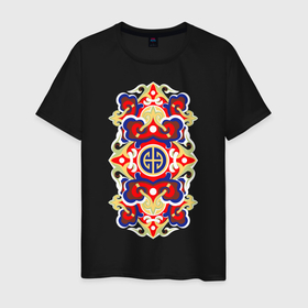 Мужская футболка хлопок с принтом монгольский орнамент в Санкт-Петербурге, 100% хлопок | прямой крой, круглый вырез горловины, длина до линии бедер, слегка спущенное плечо. | Тематика изображения на принте: красный | монгольский | орнамент | узор