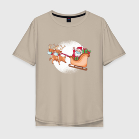 Мужская футболка хлопок Oversize с принтом Санта в маске в Новосибирске, 100% хлопок | свободный крой, круглый ворот, “спинка” длиннее передней части | christmas | deer | gifts | holiday | masks | new year | santa | sleigh | маски | новый год | олени | подарки | праздник | рождество | сани | санта