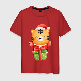 Мужская футболка хлопок с принтом Тигренок с новогодним подарком в Петрозаводске, 100% хлопок | прямой крой, круглый вырез горловины, длина до линии бедер, слегка спущенное плечо. | 2022 | год тигра | новый год | новый год 2022 | символ года | тигр | тигренок | тигрица | тигры