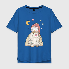 Мужская футболка хлопок Oversize с принтом Снеговик в свитере в Тюмени, 100% хлопок | свободный крой, круглый ворот, “спинка” длиннее передней части | 2022 | новогодний | новый год | рождество | снег | снеговик