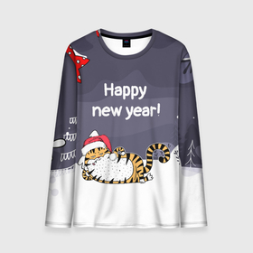 Мужской лонгслив 3D с принтом Happy New Year 2022 Тигр в Екатеринбурге, 100% полиэстер | длинные рукава, круглый вырез горловины, полуприлегающий силуэт | Тематика изображения на принте: 2022 | год тигра | новый год | новый год 2022 | символ года | тигр | тигренок | тигрица | тигры
